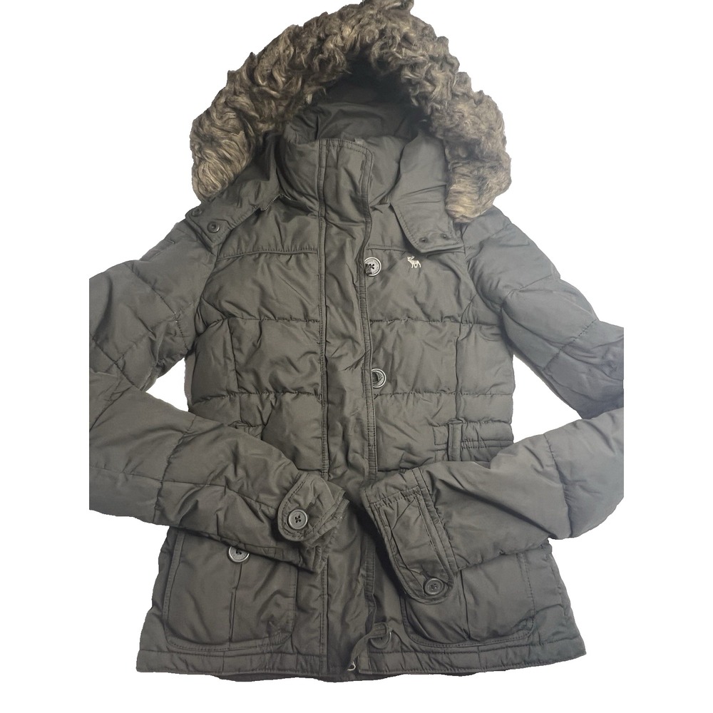 Vintage Y2K Abercrombie And Fitch Women's Down Puffer Jacket Fur Hood L Green